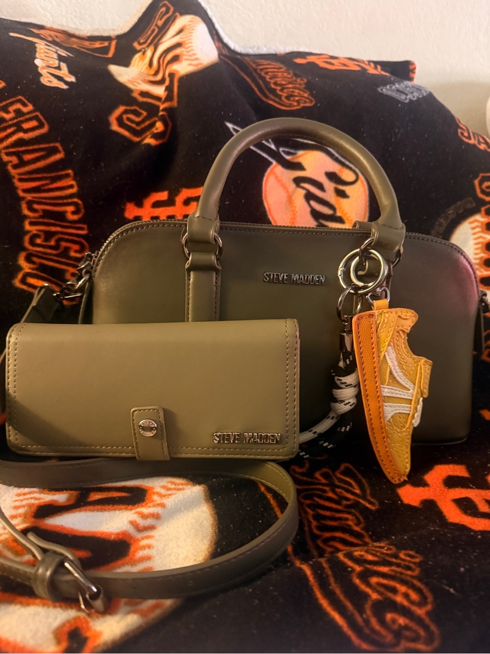 Steve Madden Olive Dome Satchel with Matching Wallet and Orange Sneaker Charm